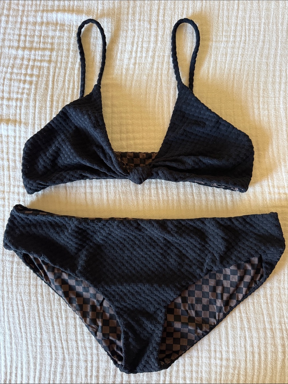 Mai Black Textured Bikini Set with Checkered Lining